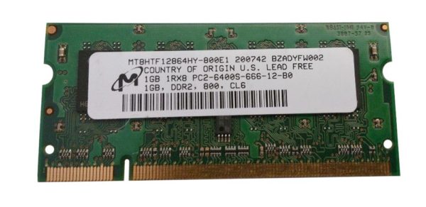 mt8htf12864hy 800e1 micron 1gb pc2 6400 ddr2 800mhz non ecc unbuffered cl6 200 pin sodimm single rank memory module